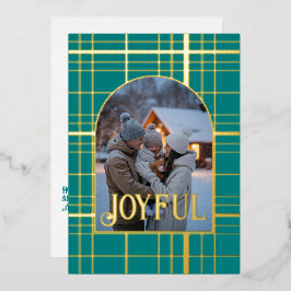 Tarjeta Festiva Con Relieve Metalizado Foto de Navidad con cuadros azules y dorados