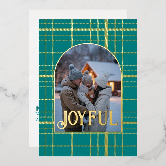 Tarjeta Festiva Con Relieve Metalizado Foto de Navidad con cuadros azules y dorados (Anverso/Reverso)