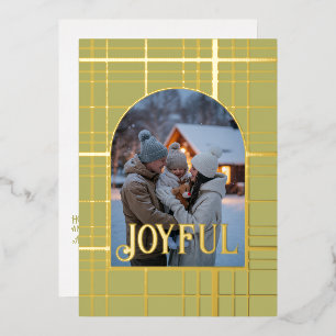 Tarjeta Festiva Con Relieve Metalizado Foto de Navidad con cuadros de verde oliva y dorad