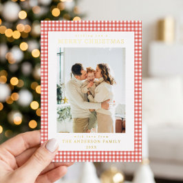 Tarjeta Festiva Con Relieve Metalizado Foto de Navidad con Cuadros Rojos Minimalista