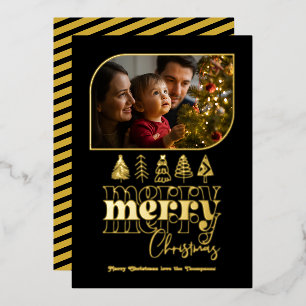 Tarjeta Festiva Con Relieve Metalizado Foto de Navidad con Doodle Moderno Retro de Negro