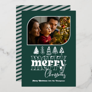 Tarjeta Festiva Con Relieve Metalizado Foto de Navidad con Doodle Retro de Azul Teal y Pl