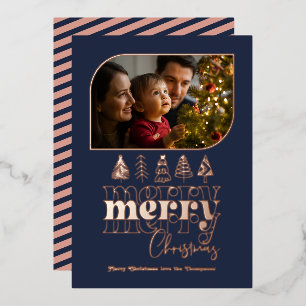 Tarjeta Festiva Con Relieve Metalizado Foto de Navidad con Doodle Retro en Oro Rosa y Azu