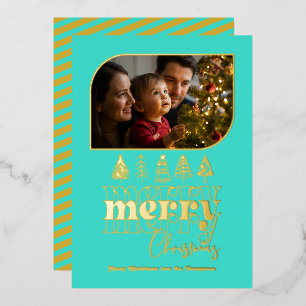 Tarjeta Festiva Con Relieve Metalizado Foto de Navidad con Doodle Retro Turquesa y Dorado