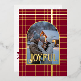 Tarjeta Festiva Con Relieve Metalizado Foto de Navidad con gingham de oro y borgoña