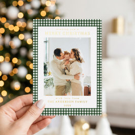 Tarjeta Festiva Con Relieve Metalizado Foto de Navidad con Gingham Verde Bosque Minimalis