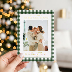 Tarjeta Festiva Con Relieve Metalizado Foto de Navidad con Gingham Verde Bosque Minimalis