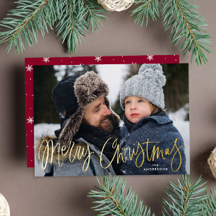 Tarjeta Festiva Con Relieve Metalizado Foto de Navidad con guión caprichoso y arándano Me
