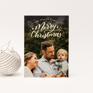 Tarjeta Festiva Con Relieve Metalizado Foto de Navidad con letra a mano
