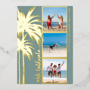 Tarjeta Festiva Con Relieve Metalizado Foto de Navidad con palmera Mele Kalikimaka en oro