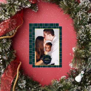 Tarjeta Festiva Con Relieve Metalizado Foto de Navidad con Plaid Preppy y Foil Dorado
