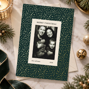 Tarjeta Festiva Con Relieve Metalizado Foto de Navidad con puntos de lámina de oro verde