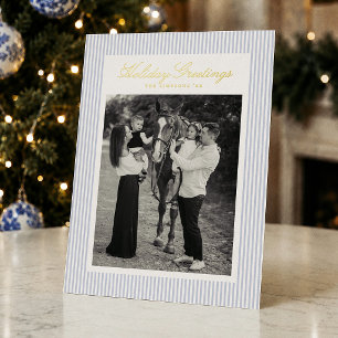 Tarjeta Festiva Con Relieve Metalizado Foto de Navidad con raya azul elegante