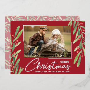 Tarjeta Festiva Con Relieve Metalizado Foto de Navidad con Verdor y Bayas