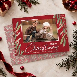 Tarjeta Festiva Con Relieve Metalizado Foto de Navidad con Verdor y Bayas
