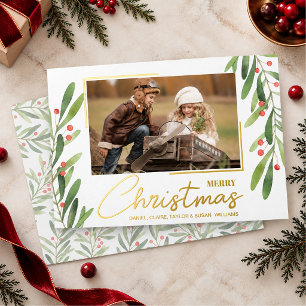 Tarjeta Festiva Con Relieve Metalizado Foto de Navidad con Verdor y Bayas