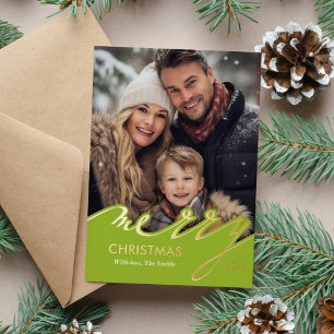 Tarjeta Festiva Con Relieve Metalizado Foto de Navidad de Lime Green Merry