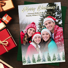 Tarjeta Festiva Con Relieve Metalizado Foto de Navidad de pinos con acuarela rústica