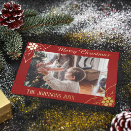 Tarjeta Festiva Con Relieve Metalizado Foto de Navidad de Poinsettia Roja Elegante