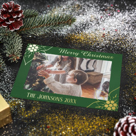 Tarjeta Festiva Con Relieve Metalizado Foto de Navidad de Poinsettia Verde Elegante