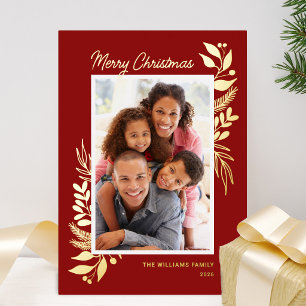 Tarjeta Festiva Con Relieve Metalizado Foto de Navidad de Vegetación Invernal Dorada