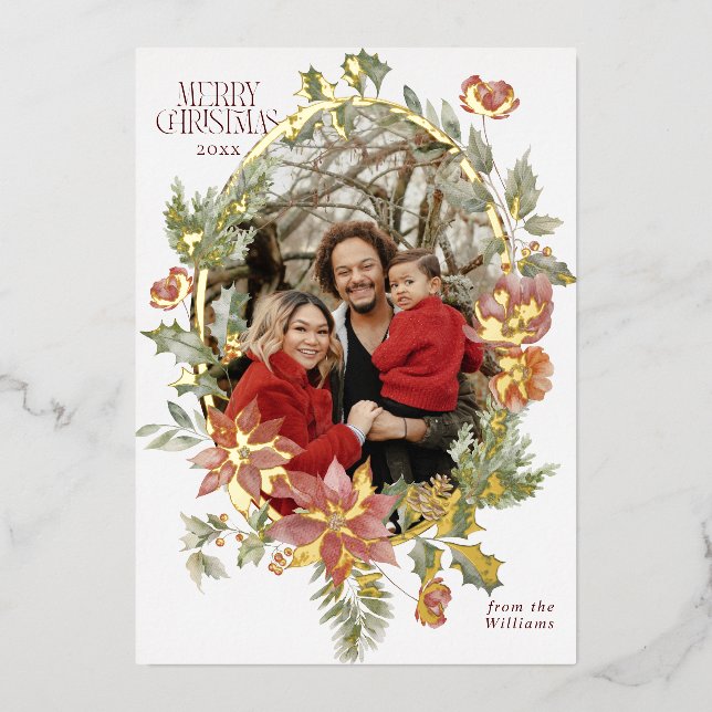 Tarjeta Festiva Con Relieve Metalizado Foto de Navidad elegante con acuarela floral (Anverso)