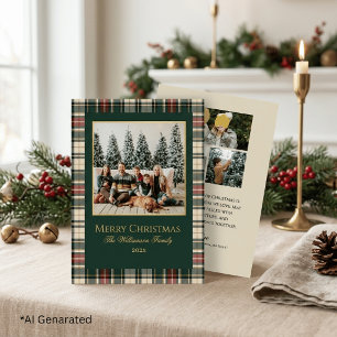 Tarjeta Festiva Con Relieve Metalizado Foto de Navidad elegante de cuadros verdes y rojos