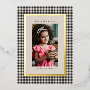Tarjeta Festiva Con Relieve Metalizado Foto de Navidad en Plaid Gingham Blanco Negro con 