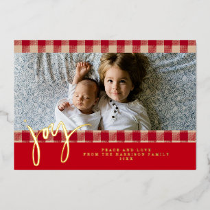 Tarjeta Festiva Con Relieve Metalizado Foto de Navidad en rojo beige granja rústica Gingh