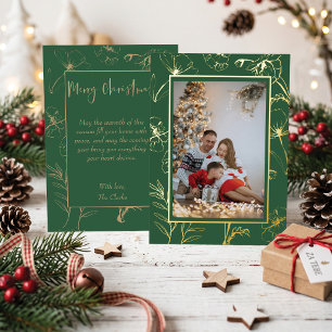 Tarjeta Festiva Con Relieve Metalizado Foto de Navidad en verde esmeralda con lámina de o