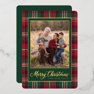 Tarjeta Festiva Con Relieve Metalizado Foto de Navidad familiar con tartán alegre