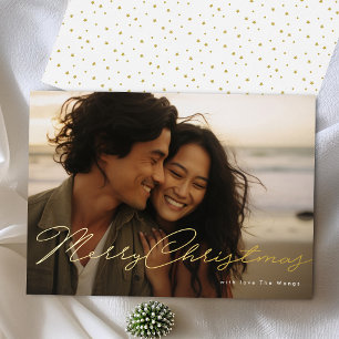 Tarjeta Festiva Con Relieve Metalizado Foto de Navidad Feliz escrita a mano con relieve d
