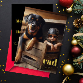 Tarjeta Festiva Con Relieve Metalizado Foto de Navidad genial personalizada de perro y ch