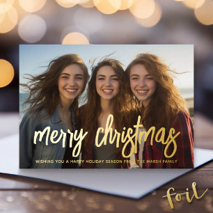 Tarjeta Festiva Con Relieve Metalizado Foto de Navidad horizontal Feliz Navidad Afortunad