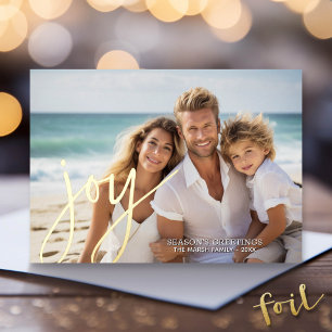 Tarjeta Festiva Con Relieve Metalizado Foto de Navidad Horizontal Script Gold JOY en