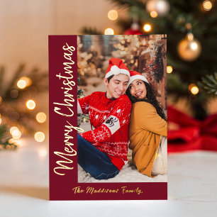 Tarjeta Festiva Con Relieve Metalizado Foto de Navidad minimalista de familia Burgundy pa