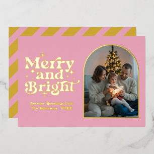 Tarjeta Festiva Con Relieve Metalizado Foto de Navidad Moderna Retro Rosa Sonrojo y Dorad