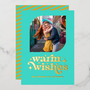 Tarjeta Festiva Con Relieve Metalizado Foto de Navidad Moderna Retro Turquesa y Dorado