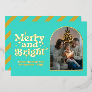 Tarjeta Festiva Con Relieve Metalizado Foto de Navidad Moderna Retro Turquesa y Dorado