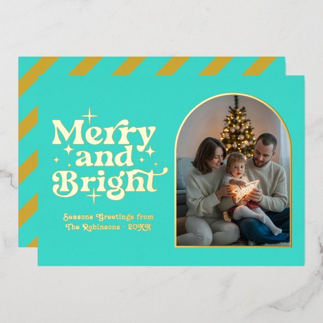 Tarjeta Festiva Con Relieve Metalizado Foto de Navidad Moderna Retro Turquesa y Dorado (Anverso/Reverso)