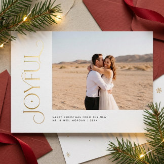 Tarjeta Festiva Con Relieve Metalizado Foto de Navidad moderna y alegre de recién casados