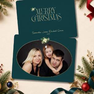 Tarjeta Festiva Con Relieve Metalizado Foto de Navidad ovalada en azul turquesa formal en