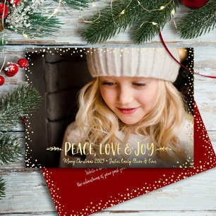 Tarjeta Festiva Con Relieve Metalizado Foto de Navidad Paz Amor Alegría Escritura Real Or