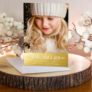 Tarjeta Festiva Con Relieve Metalizado Foto de Navidad Paz Amor Alegría Estrellas Oro Rea