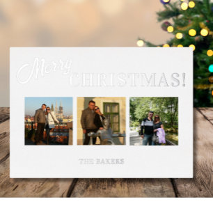 Tarjeta Festiva Con Relieve Metalizado Foto de Navidad Plateada Alegre