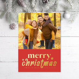 Tarjeta Festiva Con Relieve Metalizado Foto de Navidad Retro Merry