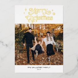 Tarjeta Festiva Con Relieve Metalizado Foto de Navidad Retro Merry