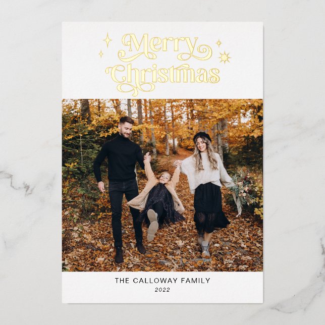 Tarjeta Festiva Con Relieve Metalizado Foto de Navidad Retro Merry (Anverso)