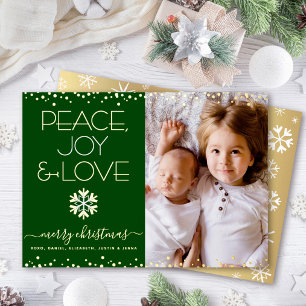 Tarjeta Festiva Con Relieve Metalizado Foto de Navidad Verde Paz Alegría Amor Oro Real
