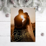 Tarjeta Festiva Con Relieve Metalizado Foto de Navidades casados con letras de mano<br><div class="desc">Grabación manual original sobre fotos y estrellas de sangrado completo; el color posterior es editable o agrega más fotos y texto.</div>